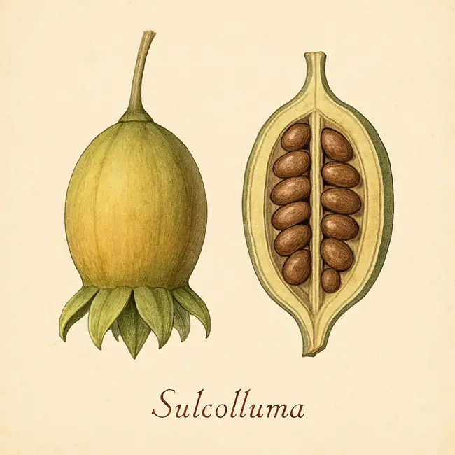 Sulcolluma – Botanische Illustration von Frucht und Samen