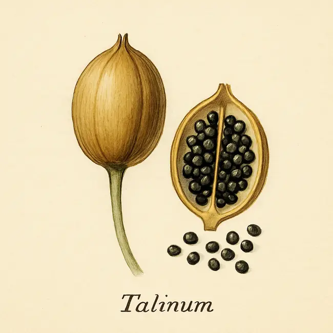Talinum – Botanische Illustration von Frucht und Samen
