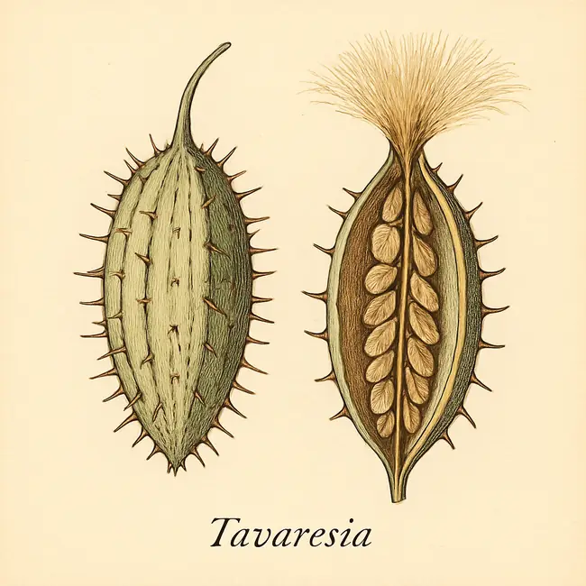 Tavaresia – Botanische Illustration von Frucht und Samen