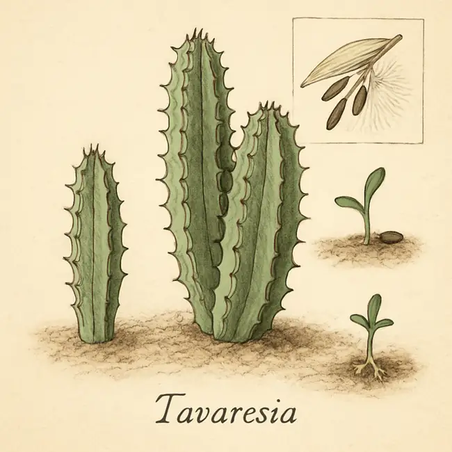 Tavaresia – Botanische Illustration der Vermehrung