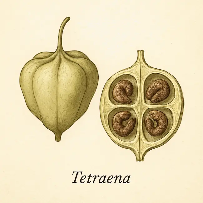 Tetraena – Botanische Illustration von Frucht und Samen