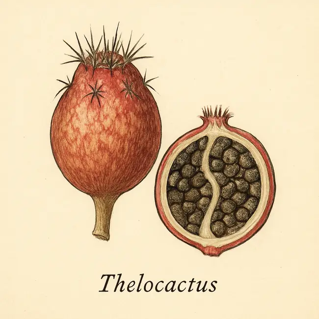 Thelocactus – Botanische Illustration von Frucht und Samen