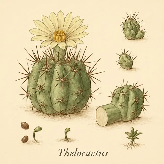 Thelocactus – Botanische Illustration der Vermehrung