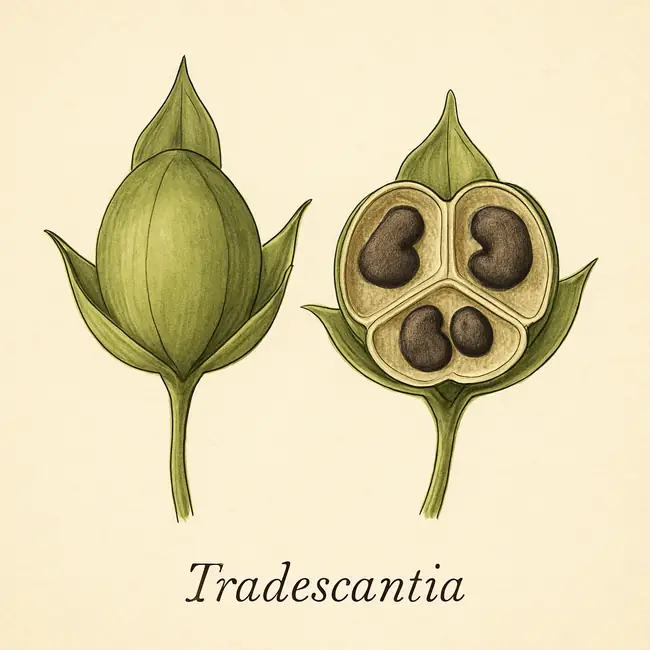 Tradescantia – Botanische Illustration von Frucht und Samen