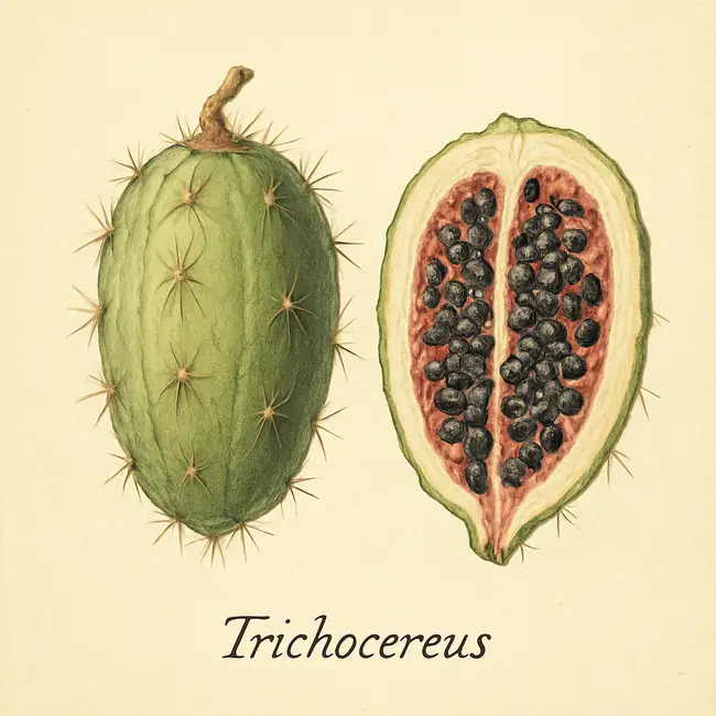 Trichocereus – Botanische Illustration von Frucht und Samen