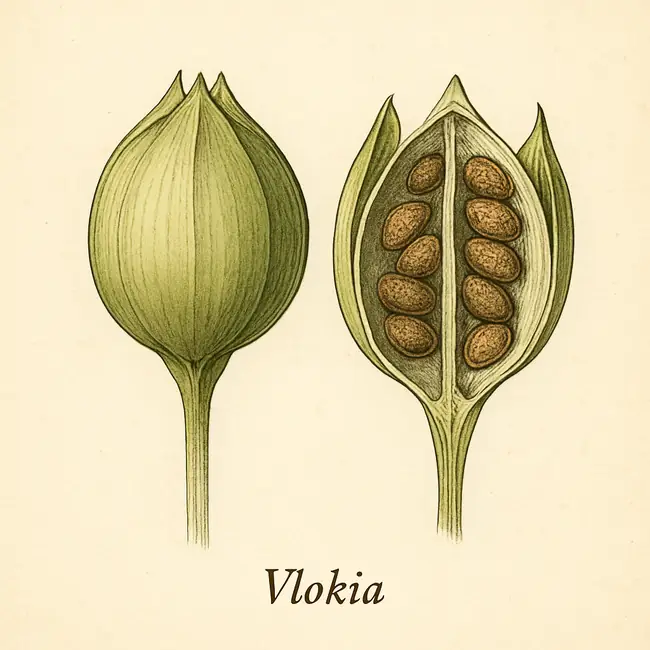 Vlokia – Botanische Illustration von Frucht und Samen
