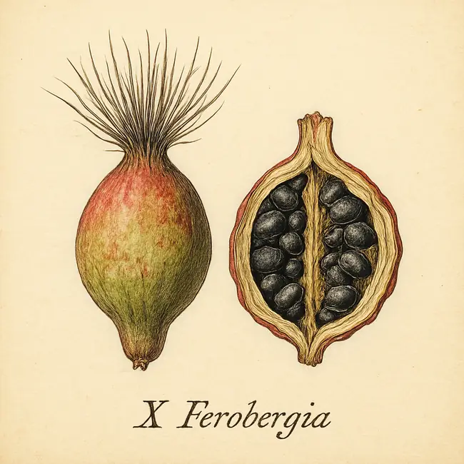 x Ferobergia – Botanische Illustration von Frucht und Samen