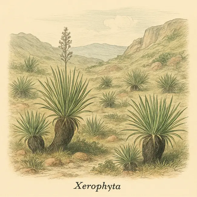 Xerophyta – Botanische Illustration des natürlichen Lebensraums