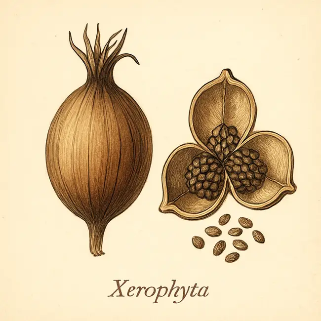 Xerophyta – Botanische Illustration von Frucht und Samen