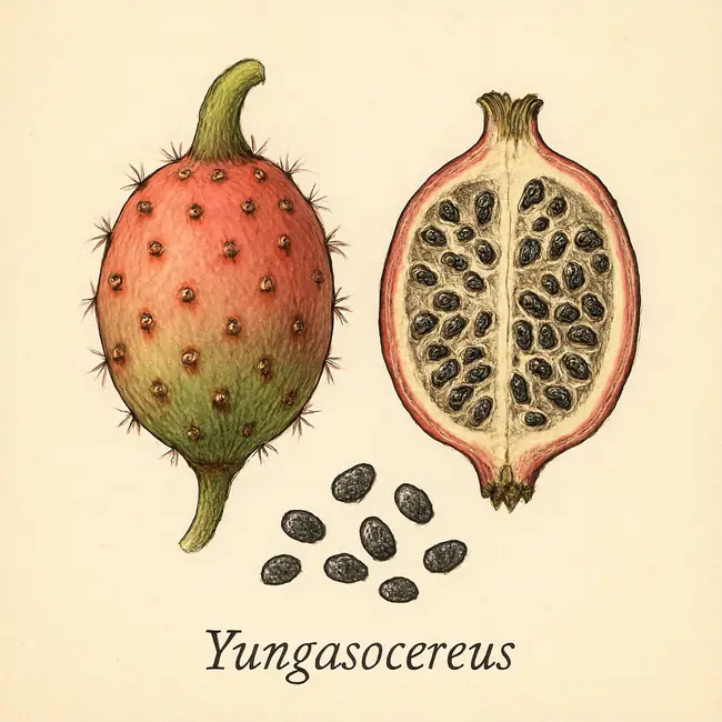 Yungasocereus – Botanische Illustration von Frucht und Samen