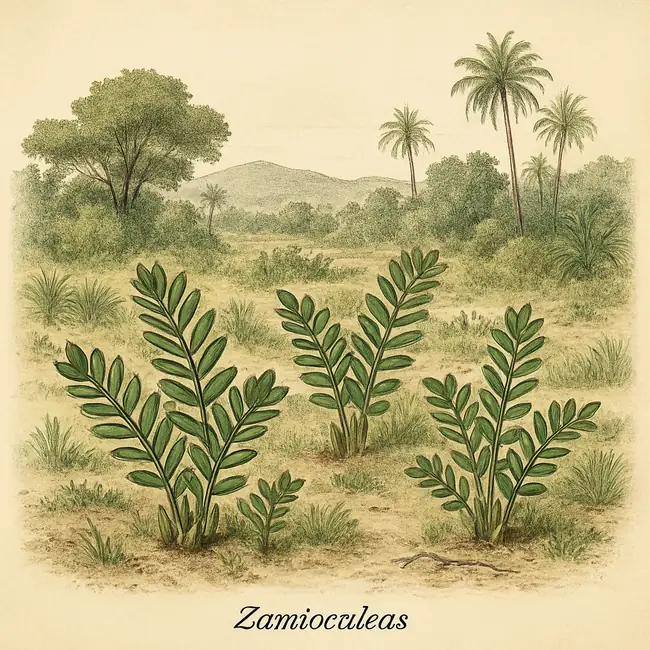 Zamioculcas – Botanische Illustration des natürlichen Lebensraums