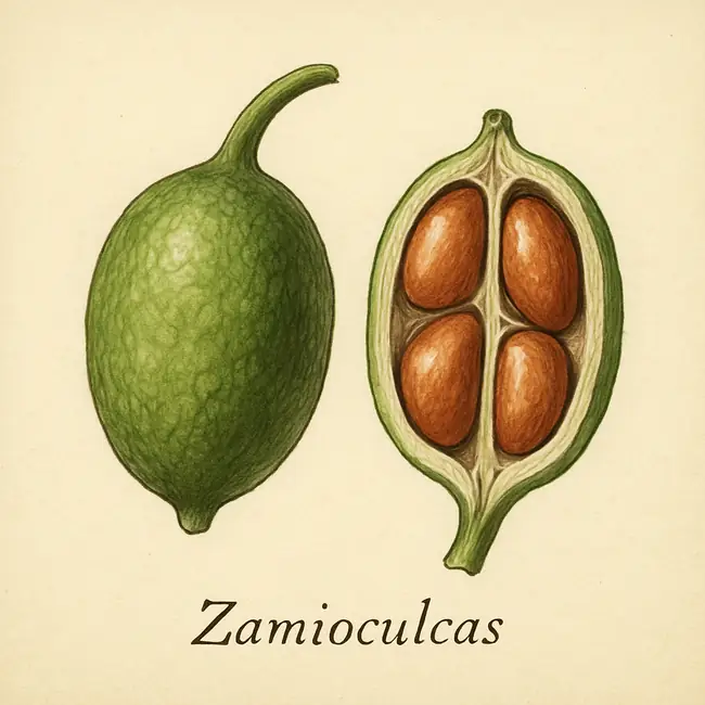 Zamioculcas – Botanische Illustration von Frucht und Samen