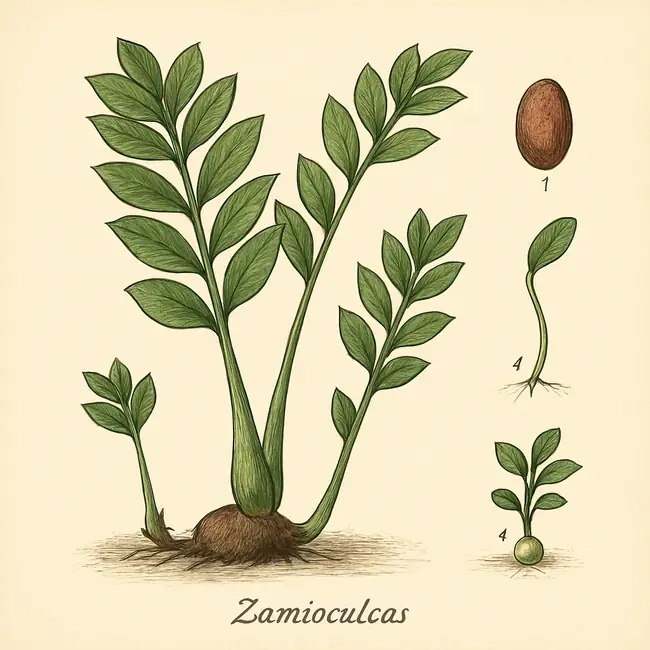 Zamioculcas – Botanische Illustration der Vermehrung