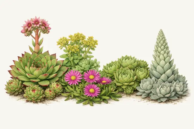 winterharte Sukkulenten Übersicht mit Sempervivum, Sedum und Delosperma